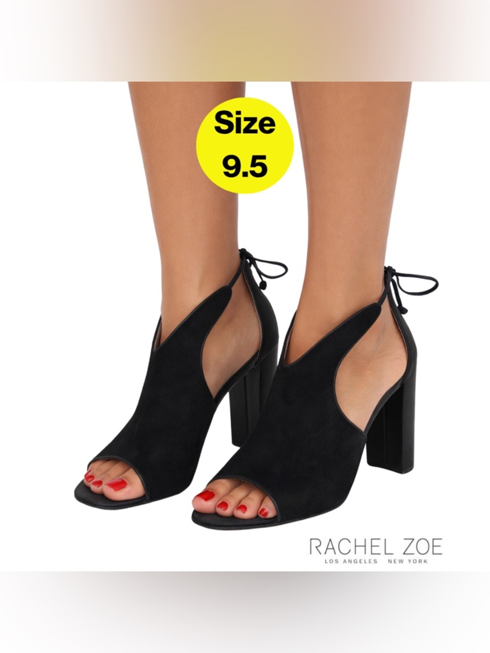 RACHEL ZOE 🖤 Black Suede Peep-Toe Block Heels, Ankle-Tie (Women’s Size 9.5)